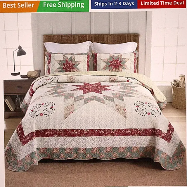 Cotton Bedspread Bedding Sets, 3 Pieces Reversible Coverlets Comforters Star...
