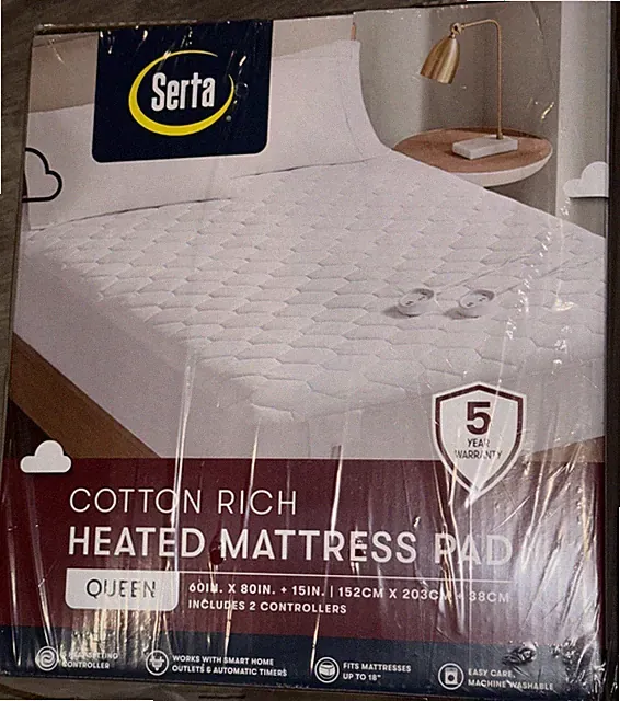 NEW Serta Cotton Rich Queen Heated Mattress Pad 5 Settings Two Controllers 60x80