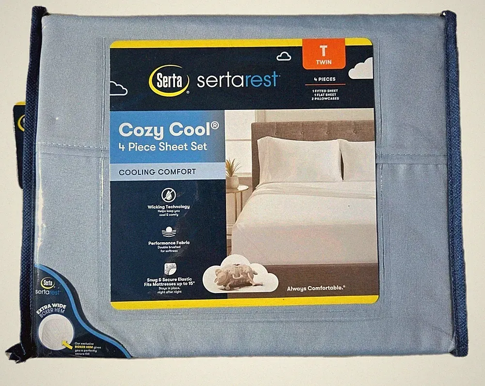 NWT TWIN Blue Serta 4pc Fitted Flat Sheet Plus 2 Pillowcase Set 100% Polyester