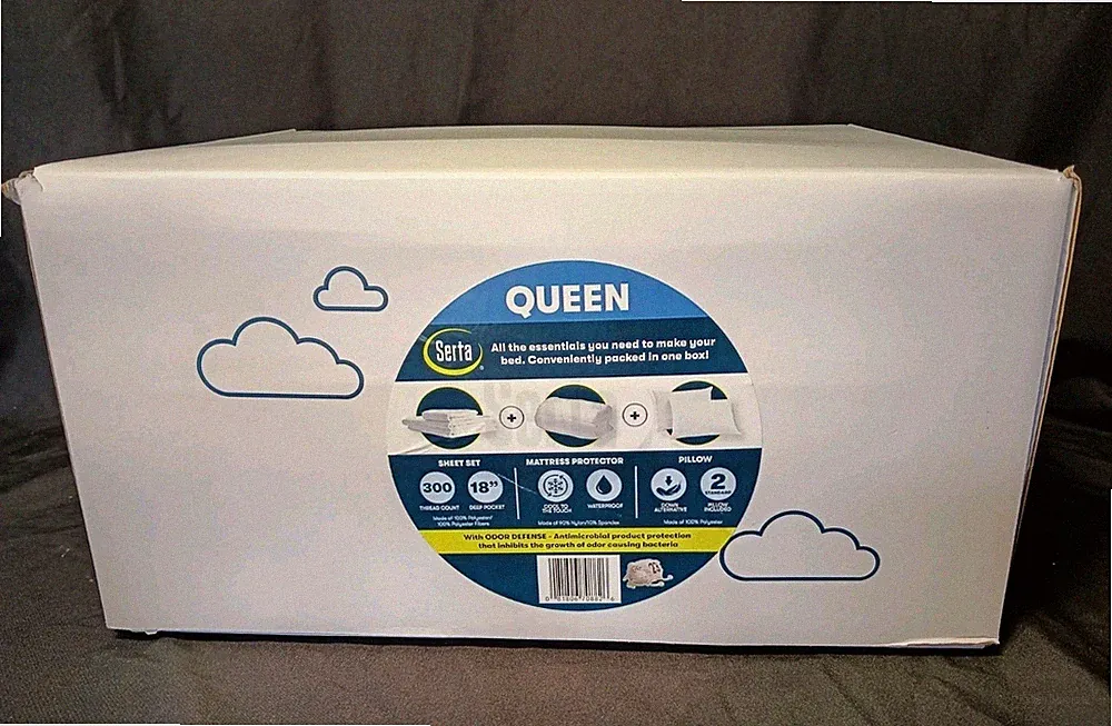Serta Classic Bedding Bundle Queen Size Mattress Protector Sheet Set 2 Pillows