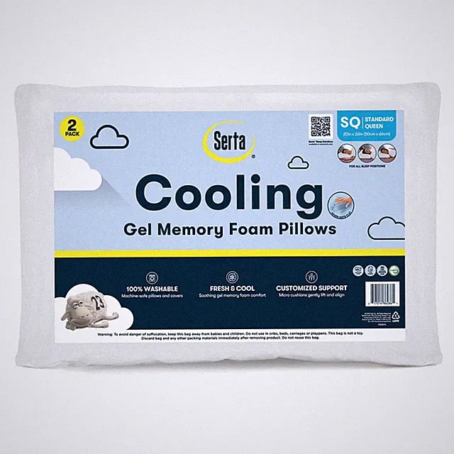 Serta Cooling Gel Memory Foam Pillows 2 Pack Standard Queen Bed Set Support