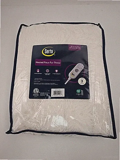 Serta Leena Shaggy Faux Fur Heated Throw Blanket-White/Ivory NEW