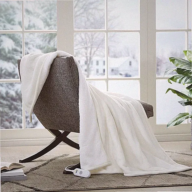 Serta Reversible Fleece to Sherpa Electric Blanket Throw (50"x 60"), Ivory