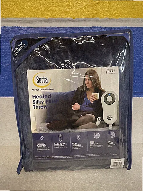 Serta Silky Plush Heated Throw Blanket 50"x60" 5 Settings Auto-Off Navy Blue New